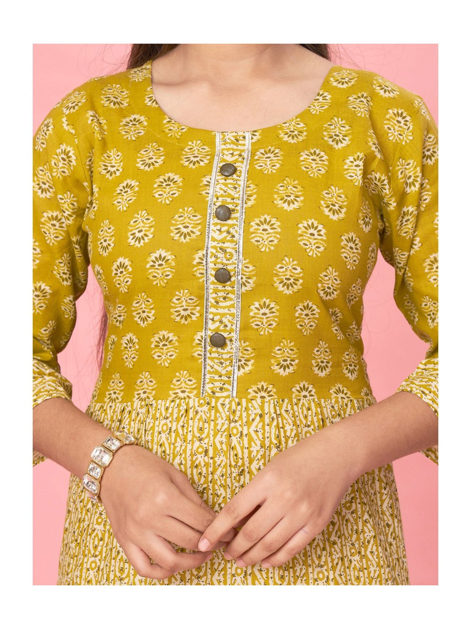 Aarika Kids Yellow & Beige Floral Print Kurta with Leggings