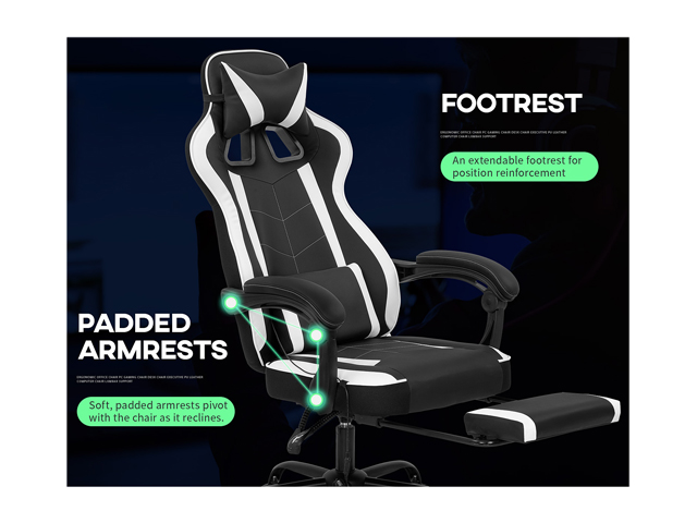 PC Gaming Chair Home Office Chair Racing Computer Chair with Lumbar Support Reclining Armrest Foot Rest Rolling Swivel PU Leather Ergonomic Task Desk Chair for Men(White)
