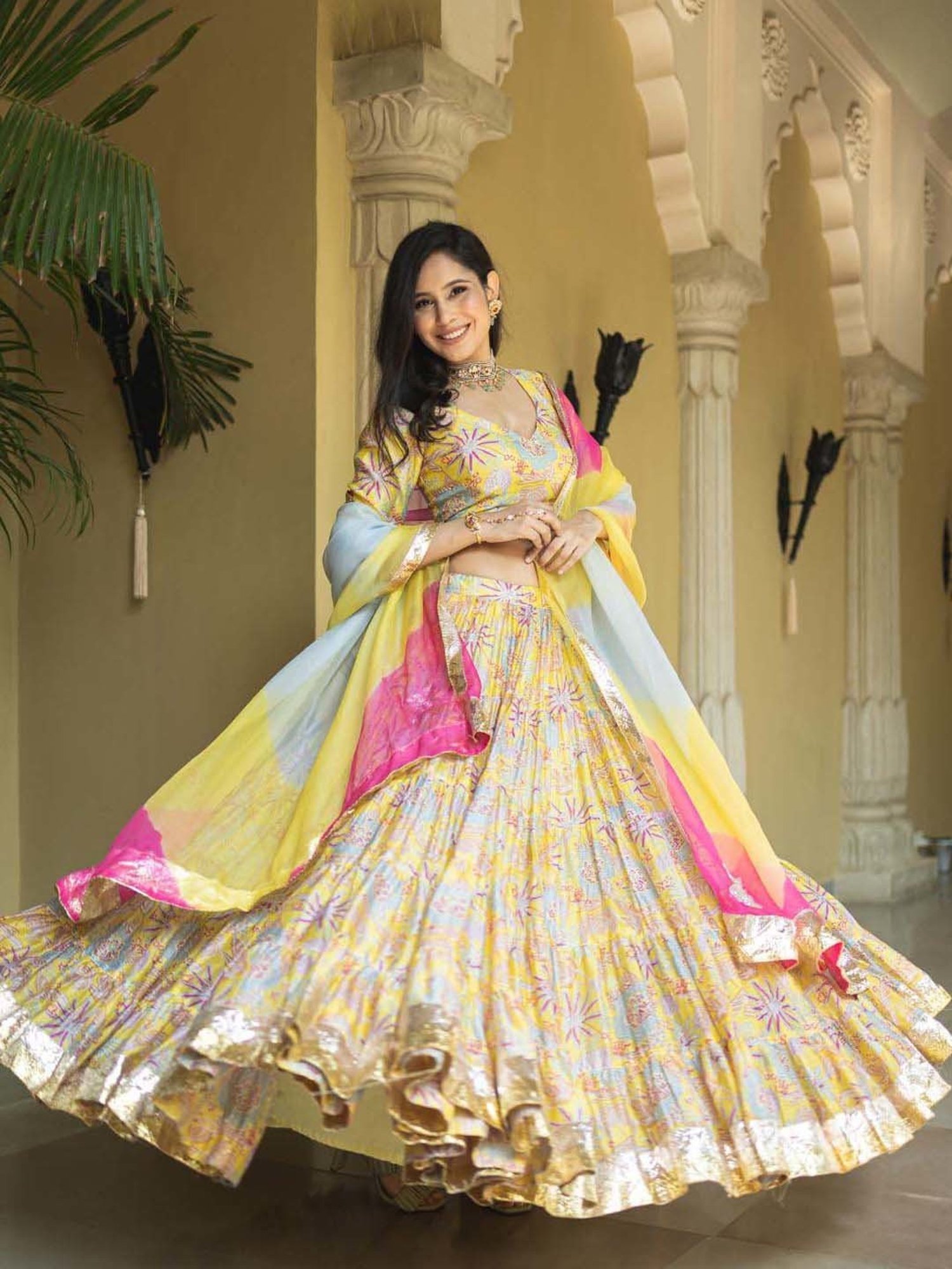 AACHHO Yellow Floral Print Lehenga Choli Set With Dupatta
