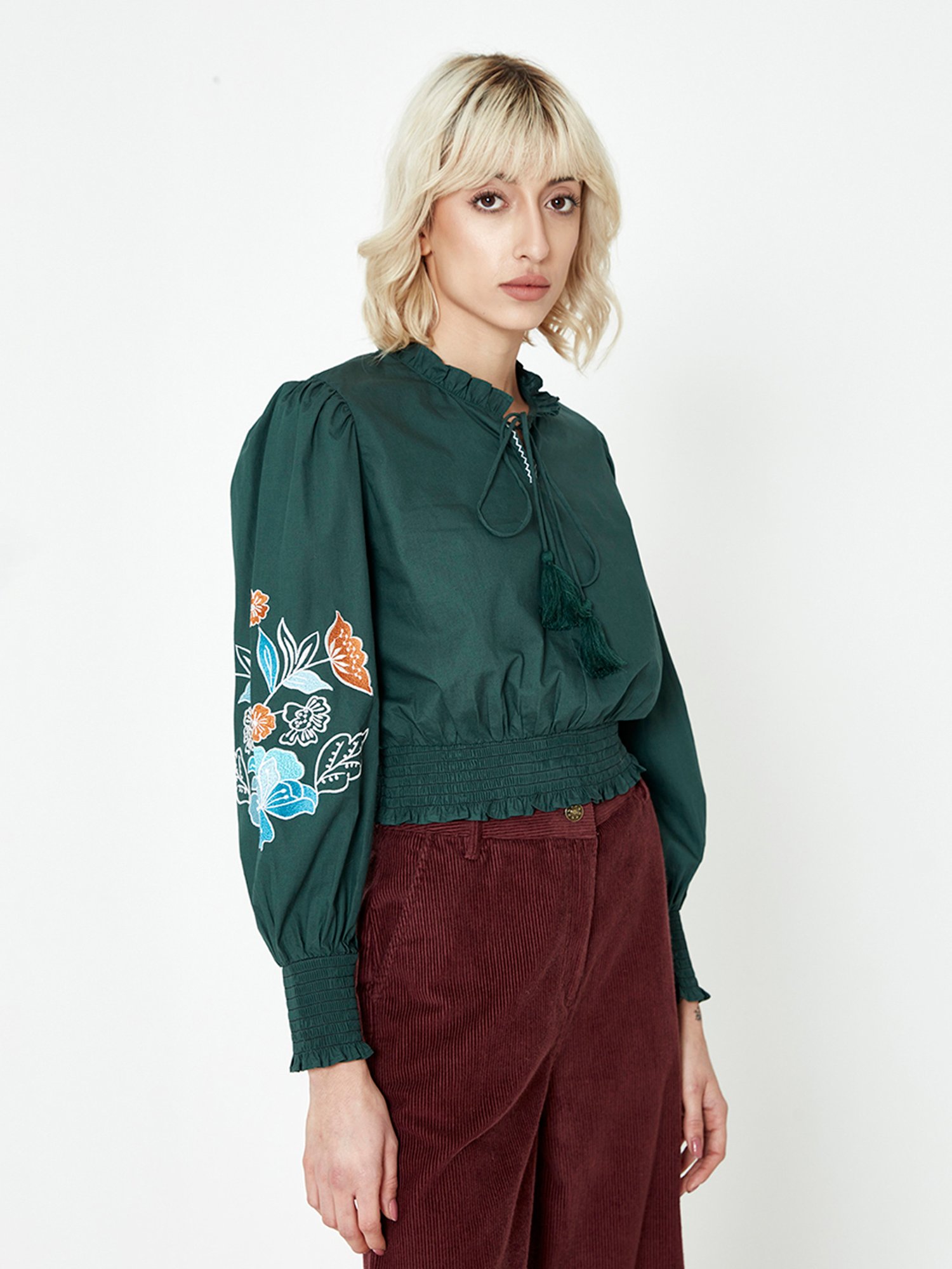 Cover Story Green Embroidered Crop Top