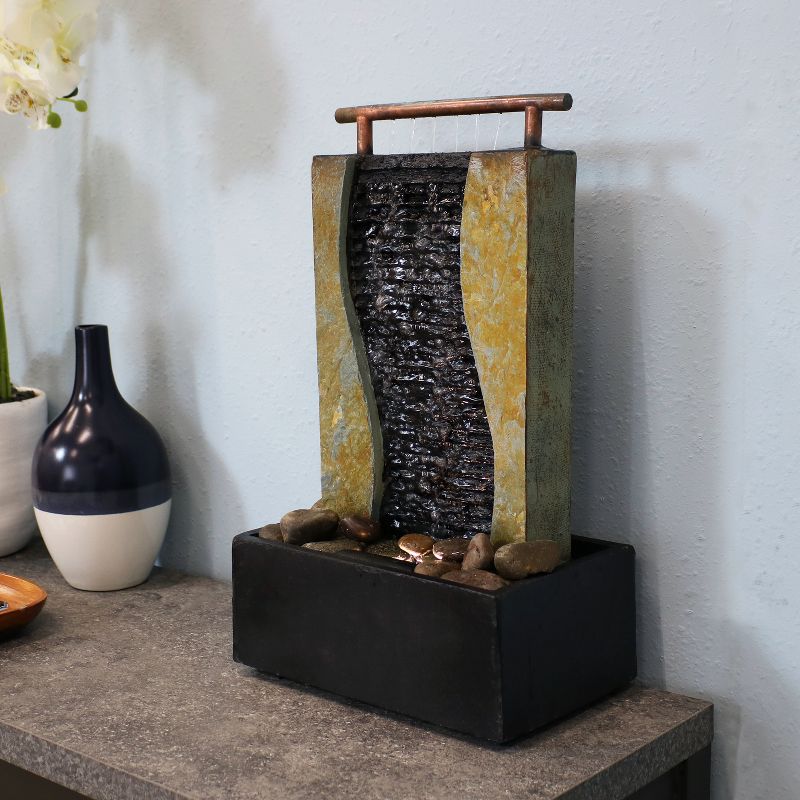 Sunnydaze Indoor Relaxing Home Office Bending Slate Tabletop Water Fountain with LED Light - 17" - Black