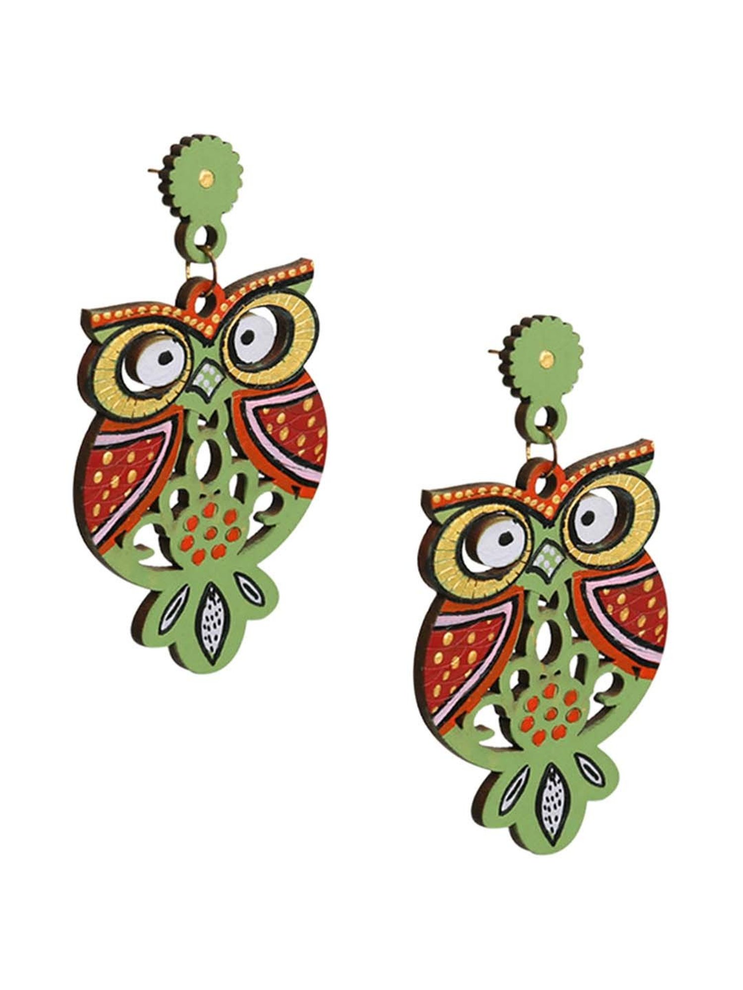 ExclusiveLane 'Symphony of Owls' Olive Green & Red Handpainted Earrings in Recycled Wood