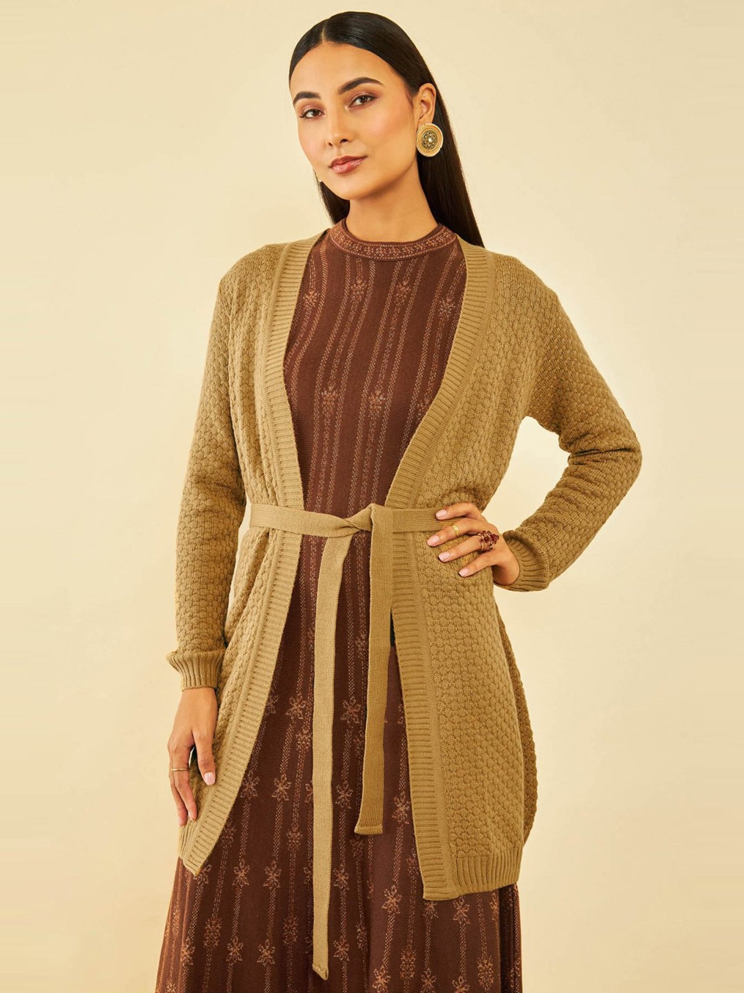 Soch Beige Acrylic Knitted Open-Front Longline Shrug with Waist Tie-Up