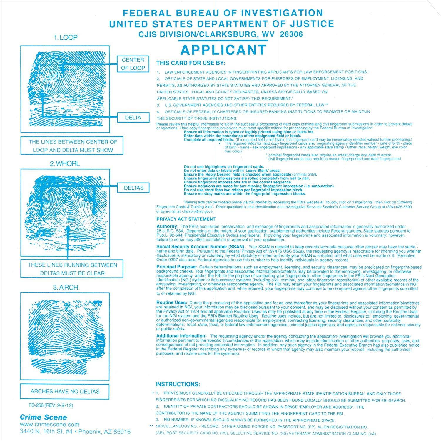 Fingerprint Cards, Applicant FD-258 (250pk)