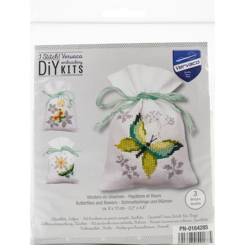 Vervaco Sachet Bags Counted Cross Stitch Kit 3.25"X4.75"-Butterflies (18 Count) 3/Pkg