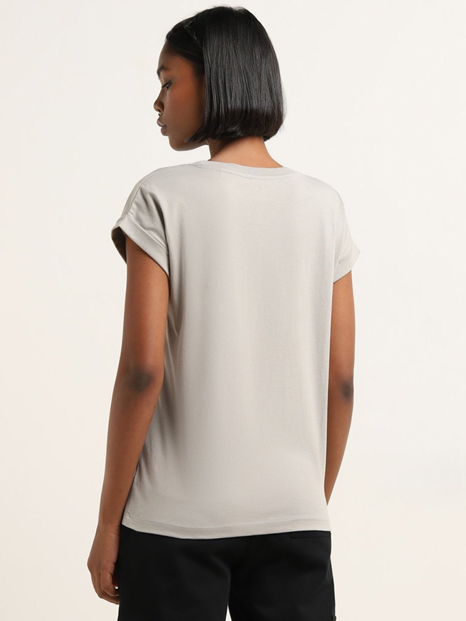 Studiofit by Westside Grey Holographic Text Design Cotton T-Shirt