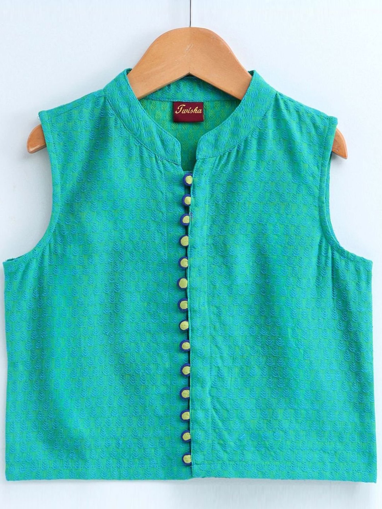 TWISHA Kids Green & Blue Self Full Sleeves kurta Set