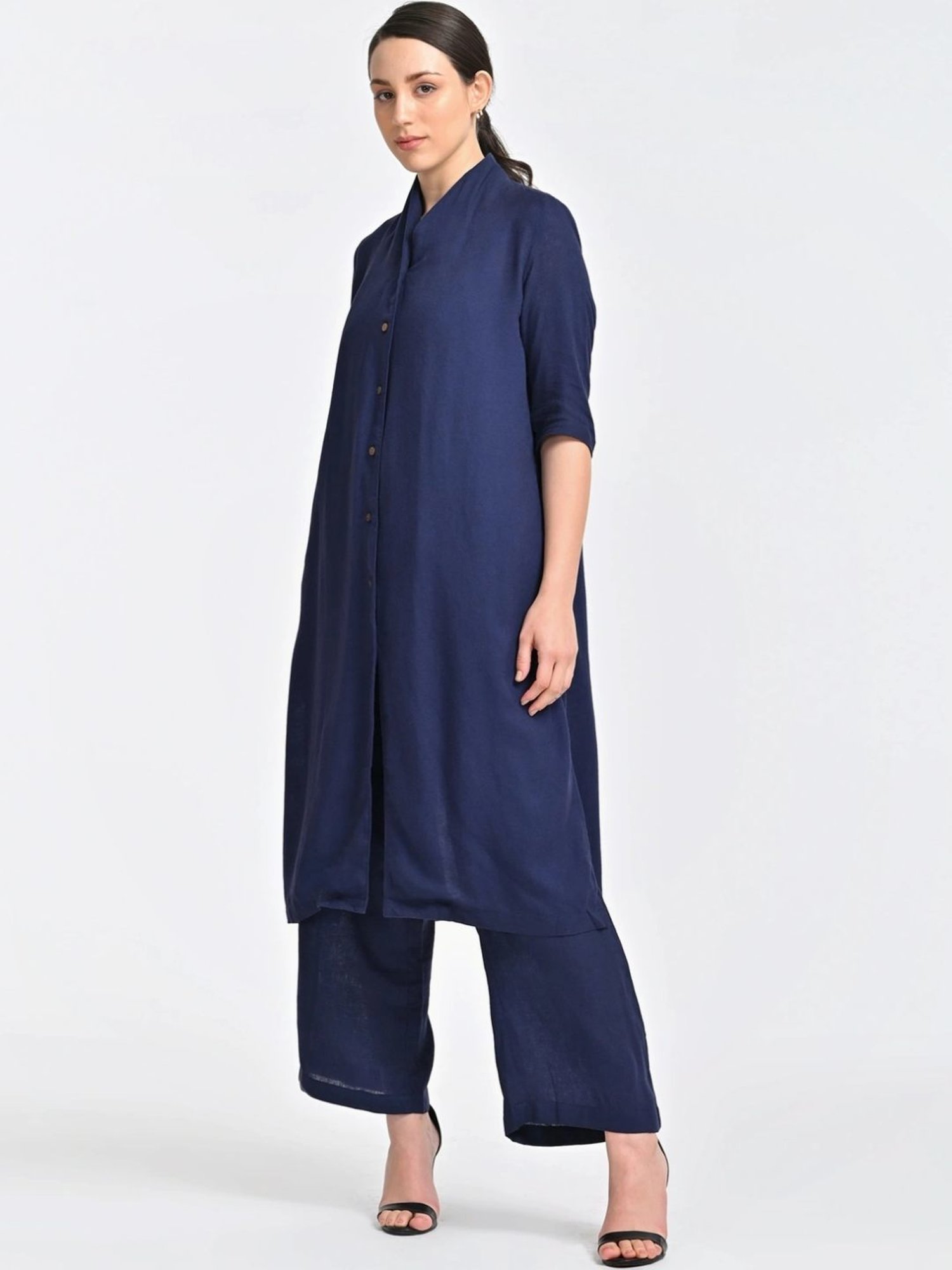 Saltpetre Navy Blue Linen Long Shirt With Trousers Co-ords Set