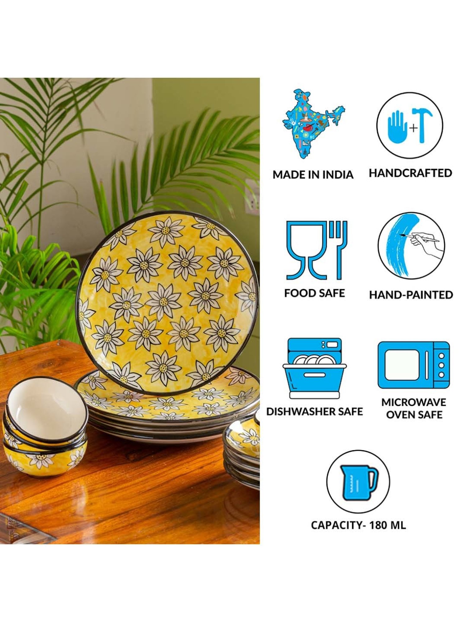 ExclusiveLane 'Californian Sunflowers' Yellow & White Ceramic Dinner Set