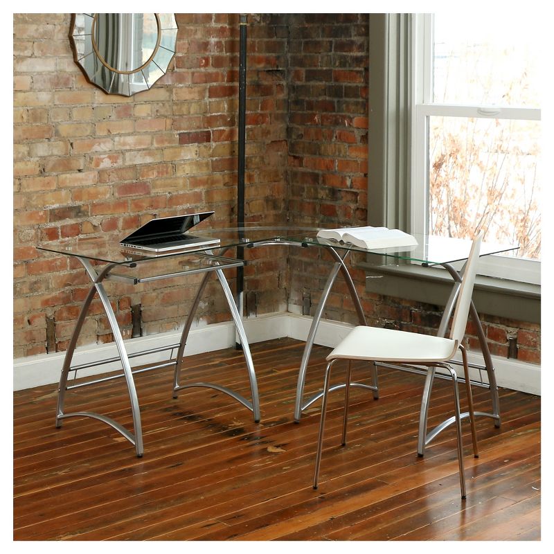 L Shaped Glass and Metal Corner Computer Desk Silver - Saracina Home