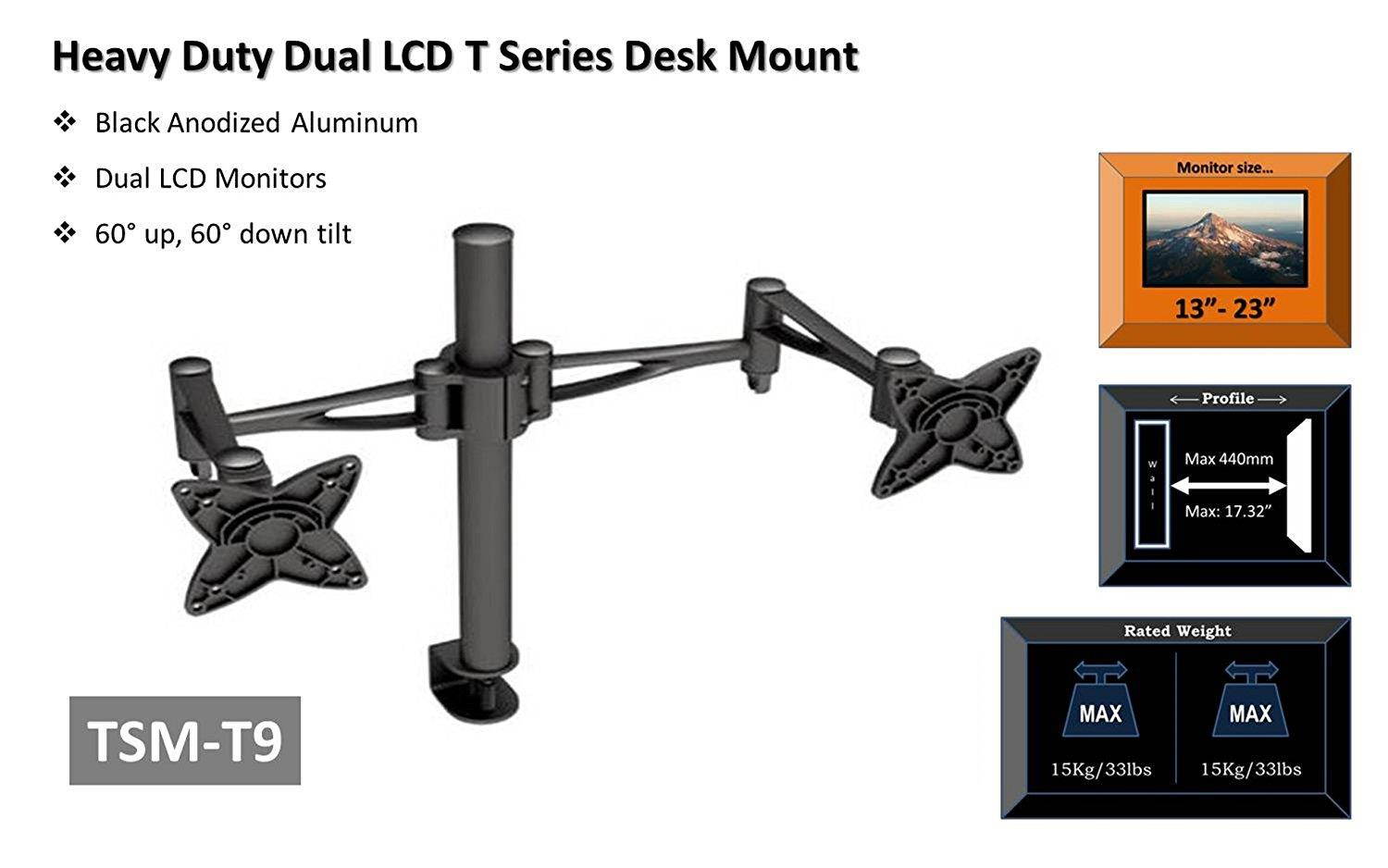 OSD Audio TSM-T9 T Series Home and Small Office Heavy Duty Dual LCD Monitor 13-Inch to 23-Inch TV Mount, Black (Black)
