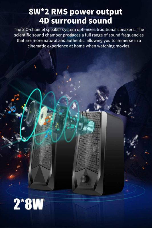 PC Gaming Speakers 16W 2.0 Deep Bass USB Wired RGB Computer Speaker with Enhanced Stereo Colorful LED Light, Dual-Channel Desktop Speakers for Tablet Computer Laptop Smartphones MP4 MP3 (8Wx2)