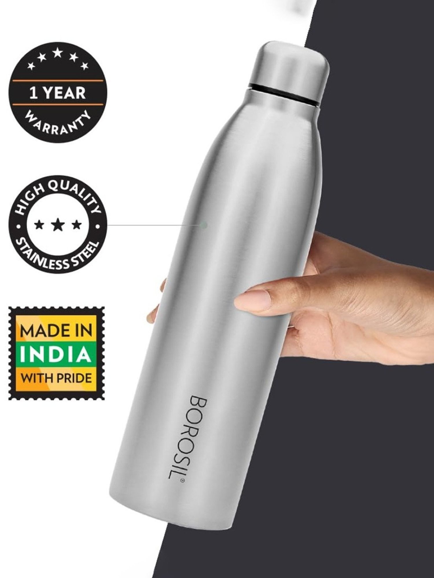 Borosil Water Bottle with Leak-Proof Set of 2 (Silver, 950 ml)