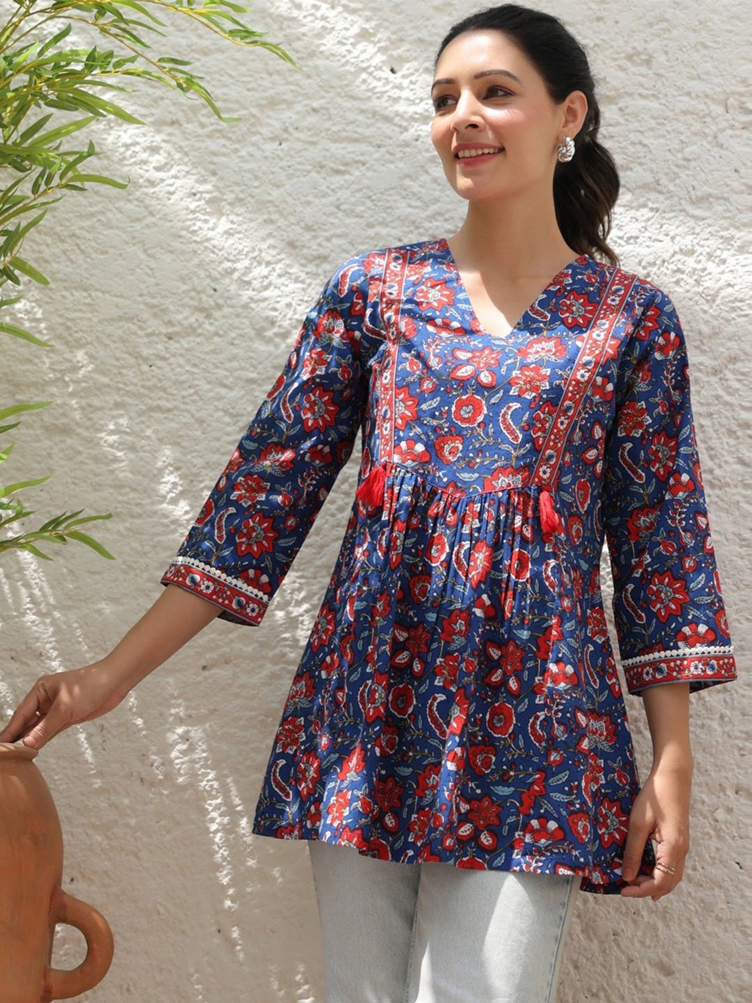 Rain and Rainbow Blue Cotton Floral Print Top