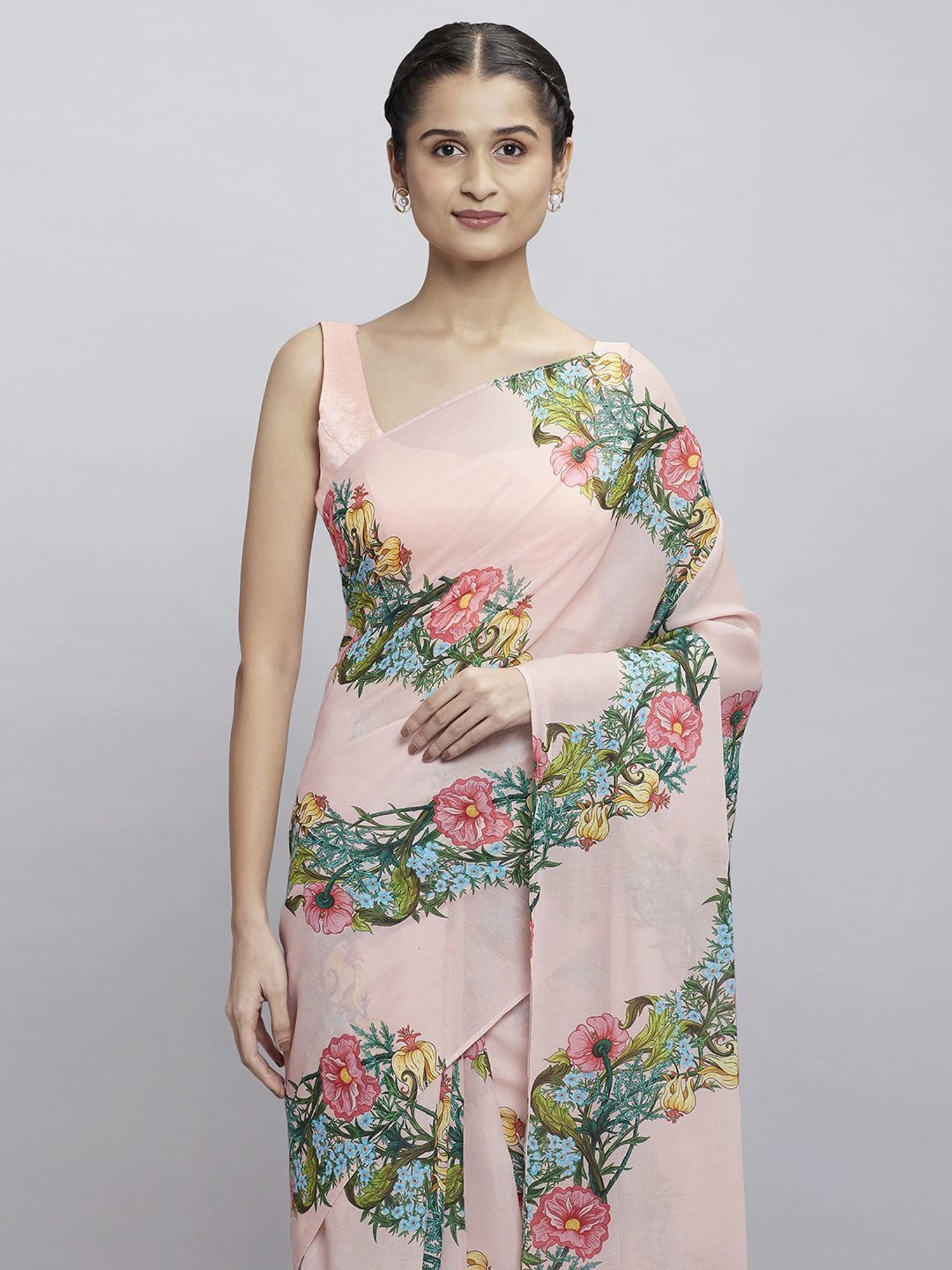 navyasa by liva Light Peach Floral Print Saree With Unstitched Blouse