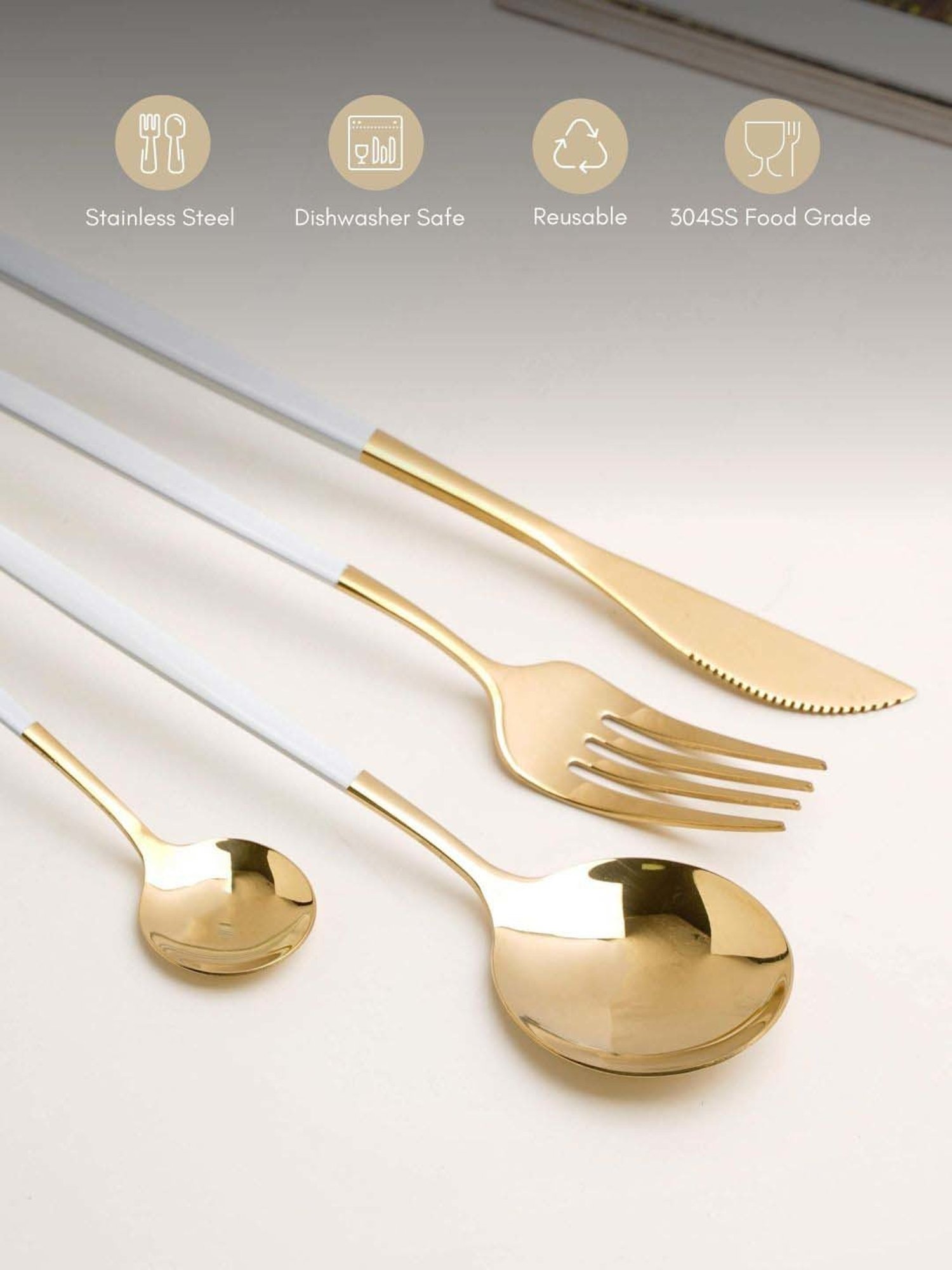 Nestasia White & Golden stainless Steel cutlery set(1 Fork + 1 Knife +1 Table spoon +1 Desert spoon)