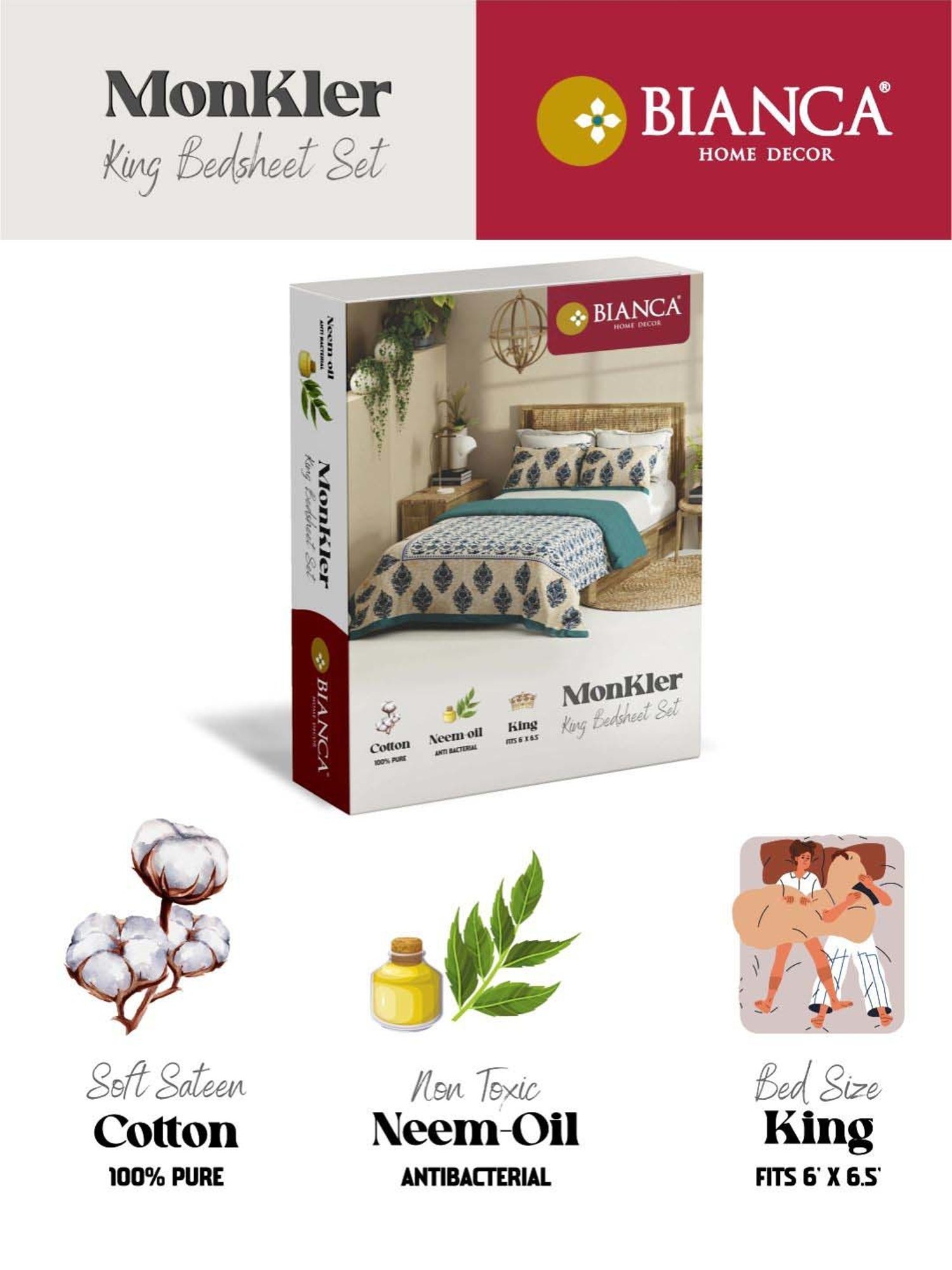 Bianca Monkler Coral 210 TC Cotton King Bedsheet with 2 Pillow Covers