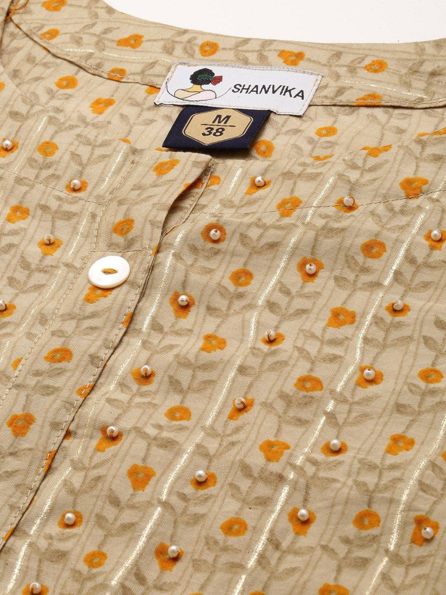 SHANVIKA Beige Embellished Cotton Silk A Line Kurta