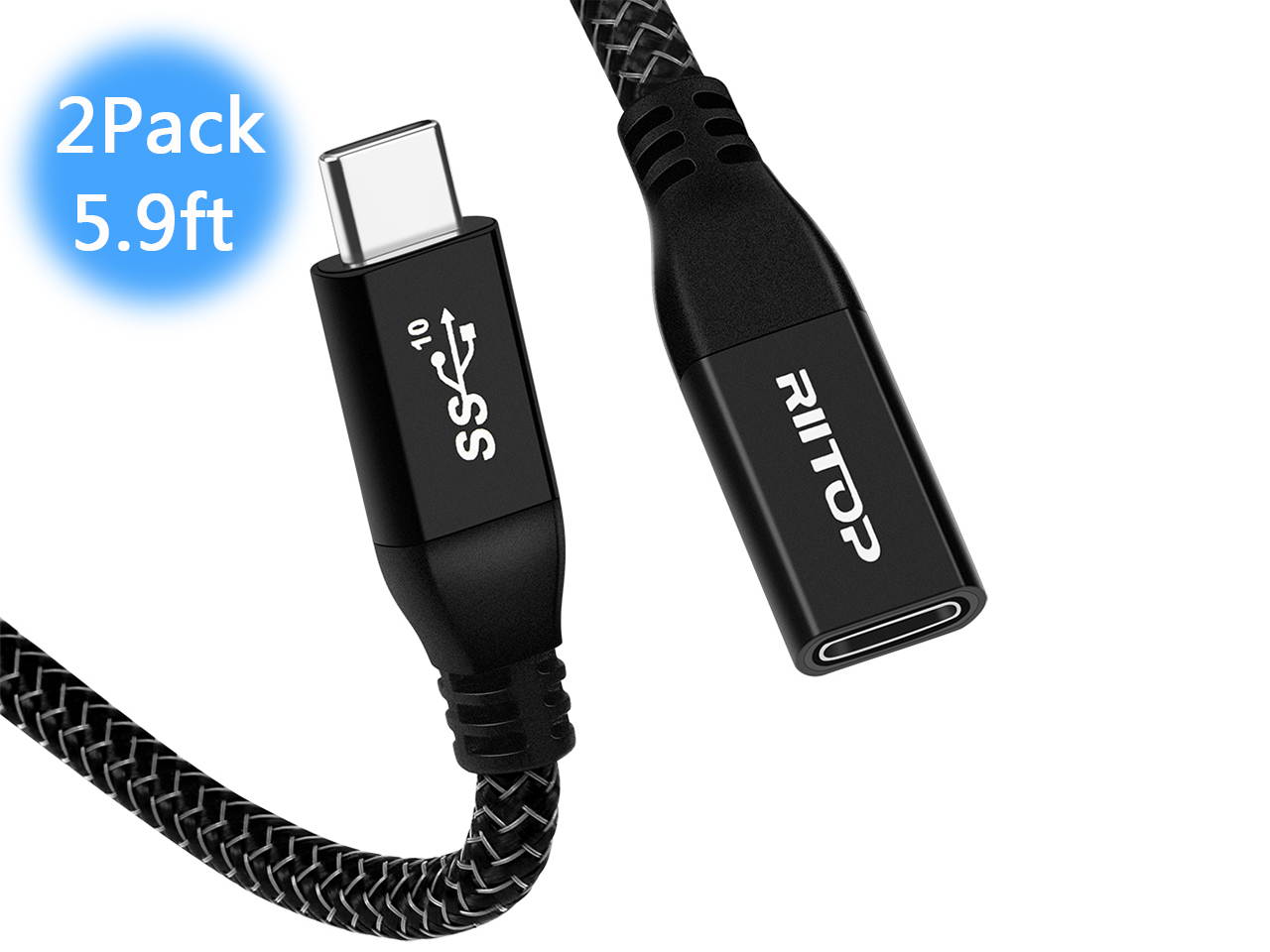 RIITOP USB C Extension Cable 5.9 ft (2Pack), USB 3.1 Type C Male to Female Extender Cord, Gen2 10Gbps, Support Charging & Data for Nintendo Switch, MacBook Pro, Dell XPS, Oculus Quest