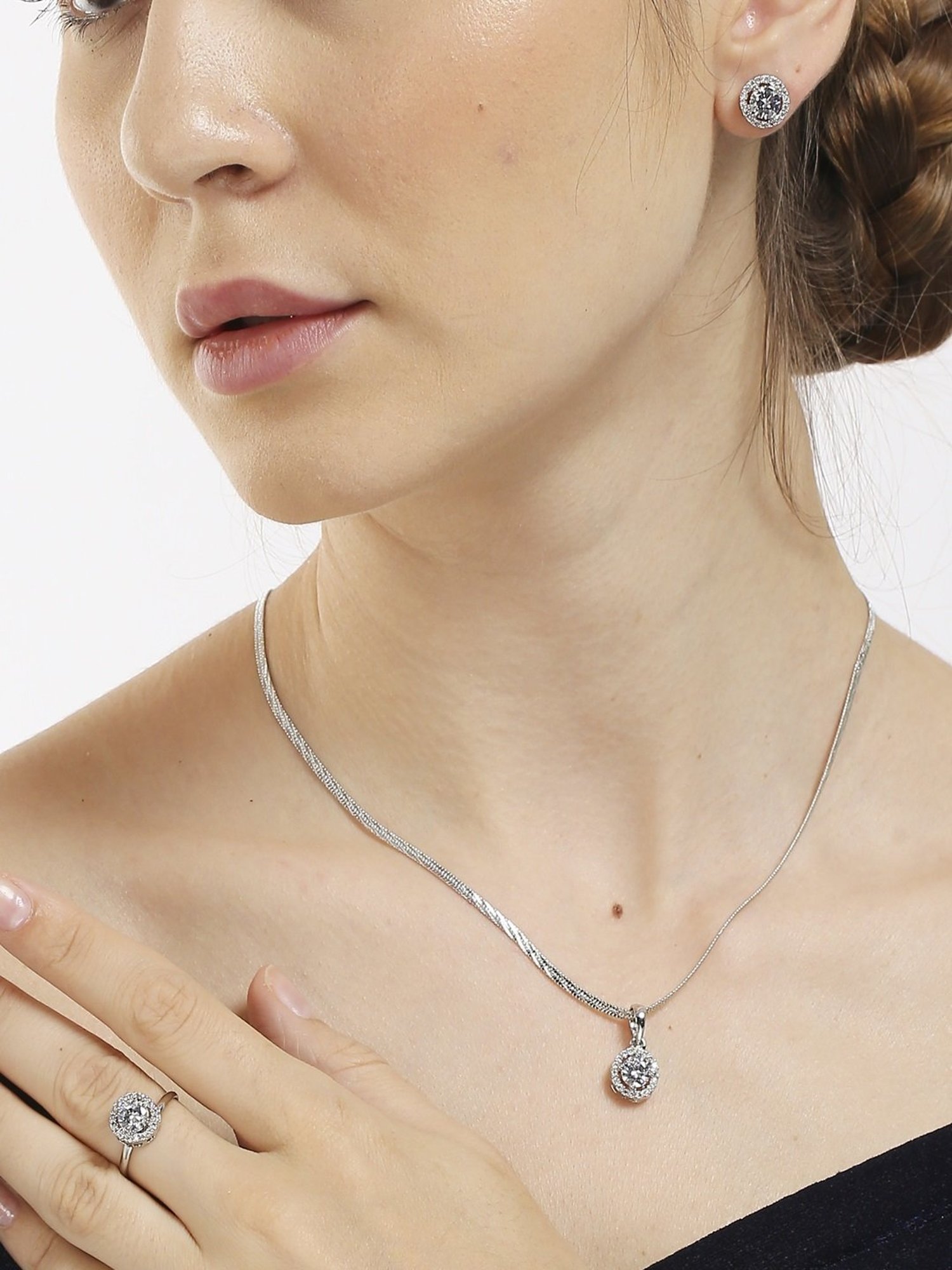 OOMPH Silver Tone Solitaire Cubic Zirconia Ear Stud Earrings, Ring & Pendant Set