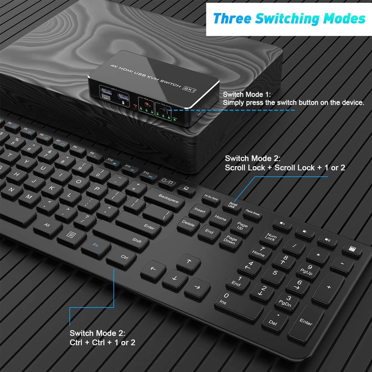 KVM Switch HDMI 2 Port Box, UHD 4K (3840x2160) & 1080P 3 Switching Modes Supported,3 USB 2.0 Hub for Mouse Keyboard Printer PCs with 1 Switch Cable and 2 USB Cables