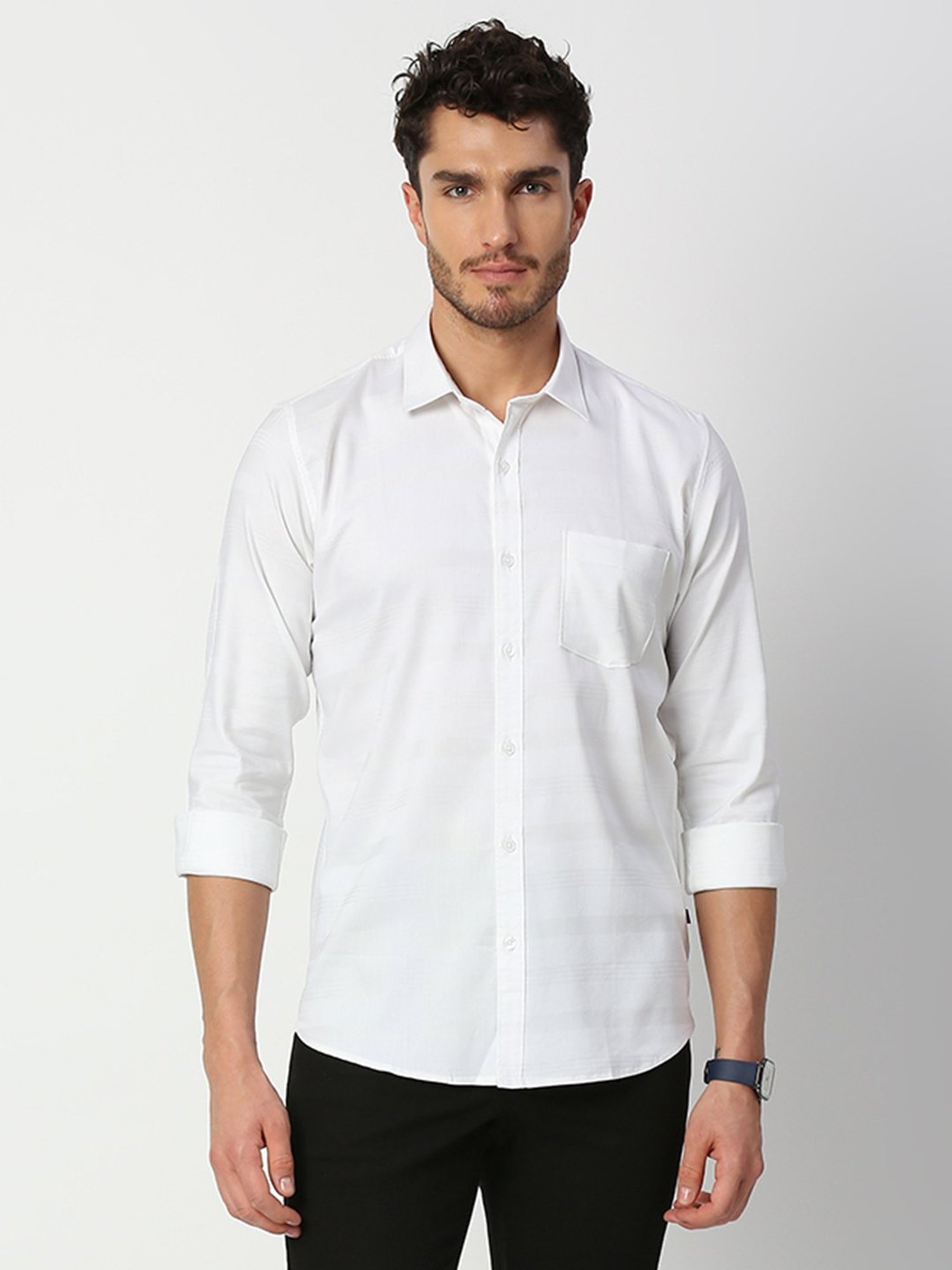 SOLEMIO White Slim Fit Striped Shirt