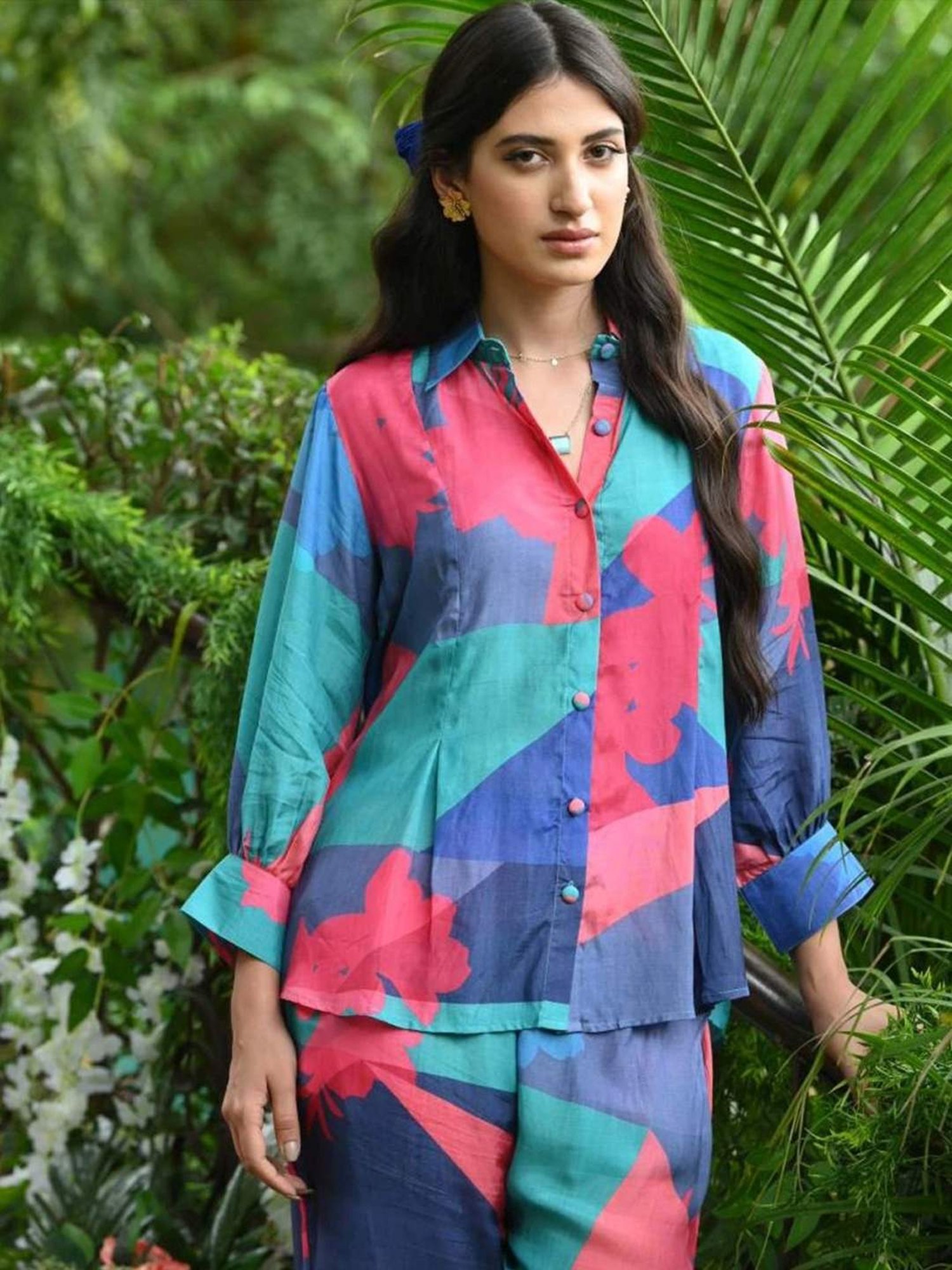 Mahee Jaipur Blue & Green Blue and Green Geometric Botanic design Shirt with Pant Co-ord Set