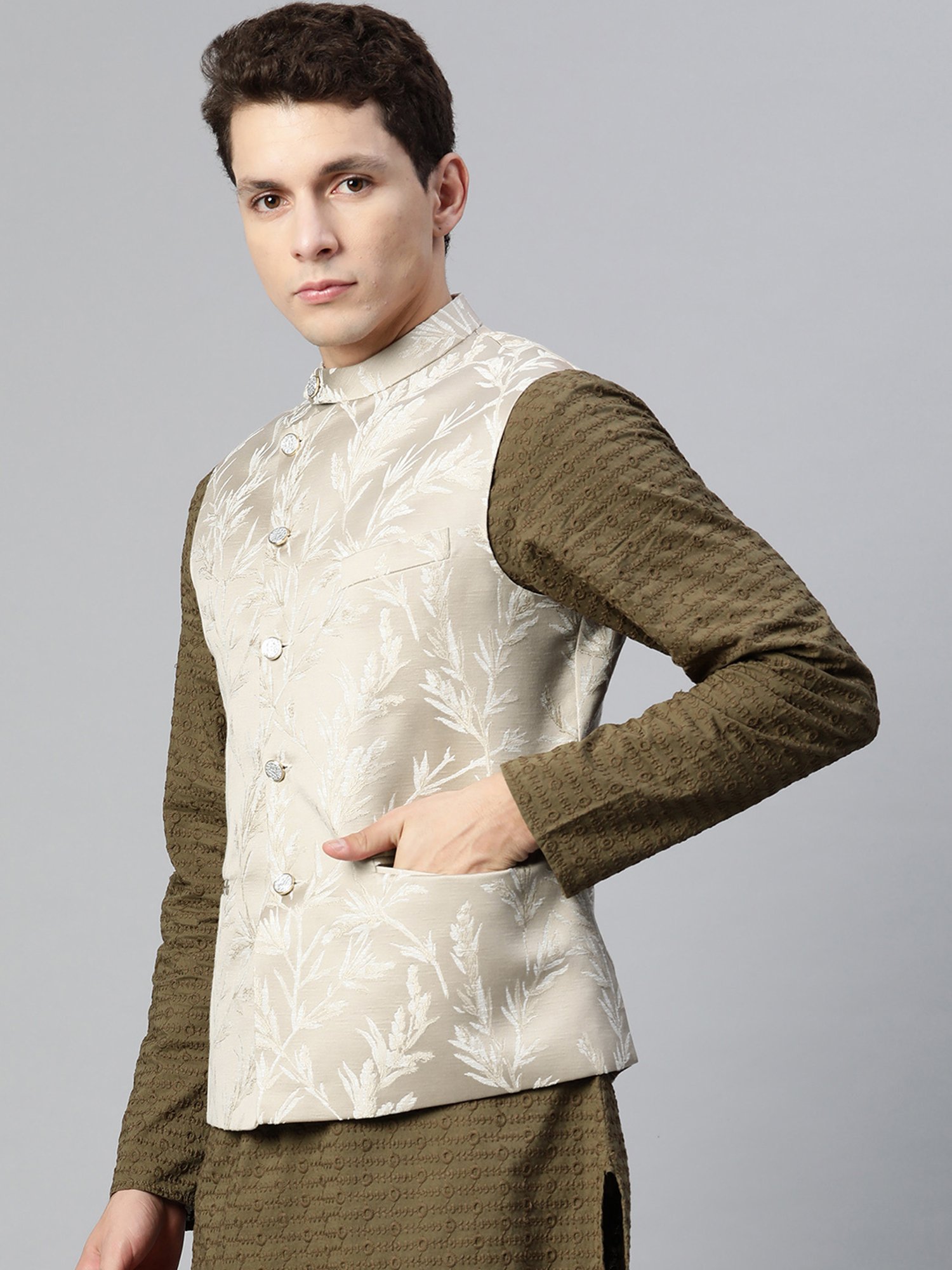 ManQ Beige Slim Fit Nehru Jacket