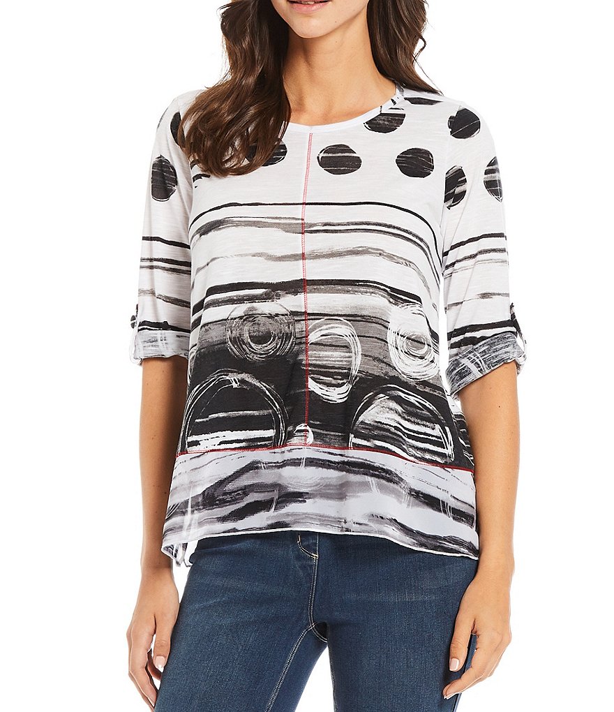 Ali Miles Petite Size Abstract Dot Print Knit 3/4 Roll-Tab Sleeve Top
