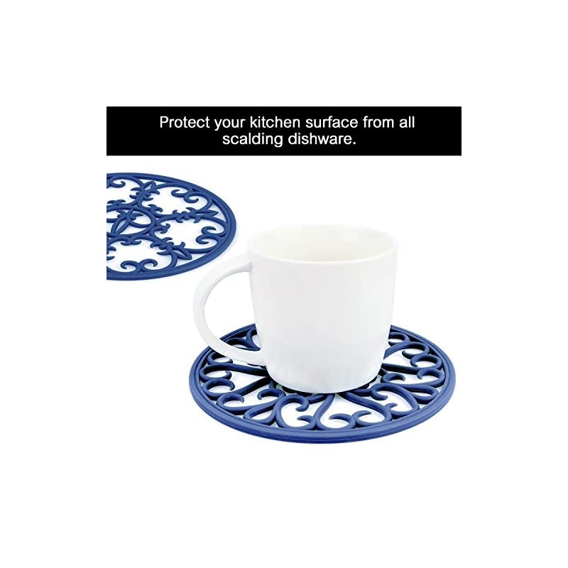 Slip Silicone Carved Trivet Mats Set For Dishes- Heat Resistant Coasters-Modern Kitchen Hot Pads For Pots & Pans | (Round, Set of 3, Navy Blue)