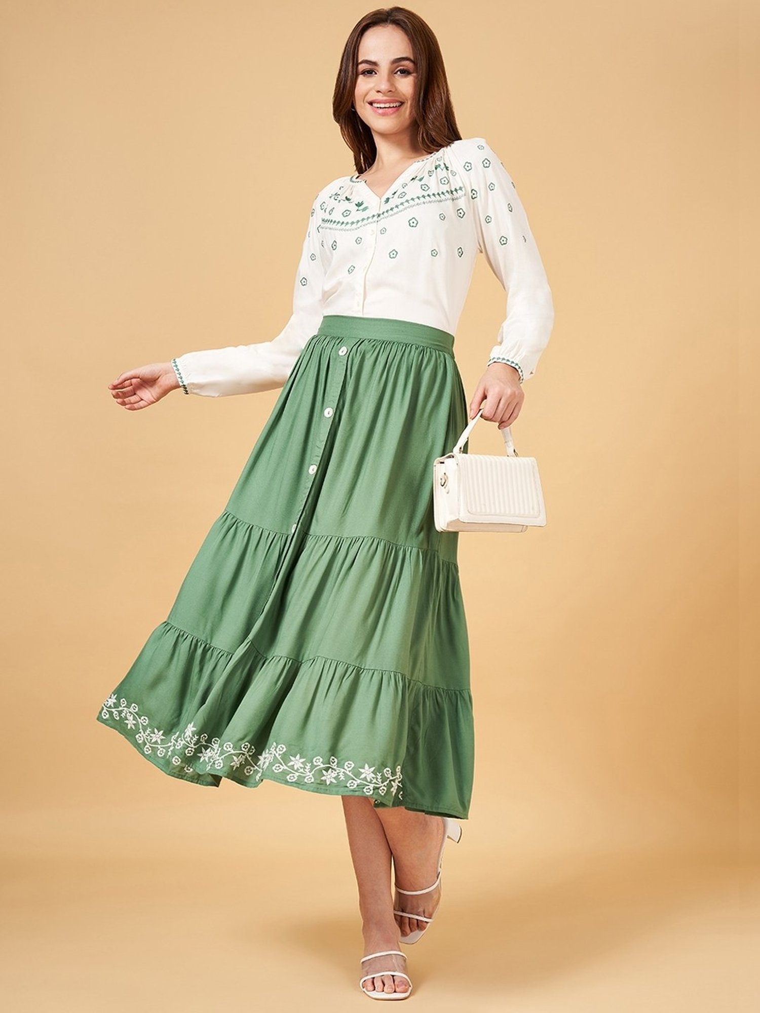 Honey by Pantaloons Green Embroidered A-Line Skirt