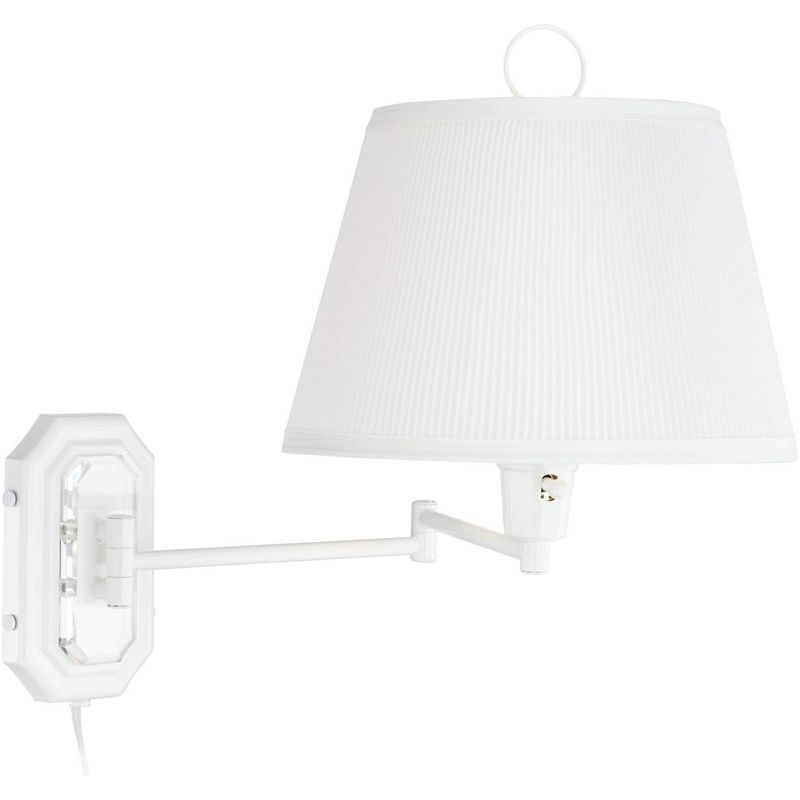 Barnes and Ivy Swing Arm Wall Lamp White Plug-In Light Fixture Pleated Tapered Drum Shade for Bedroom Bedside Living Room Reading