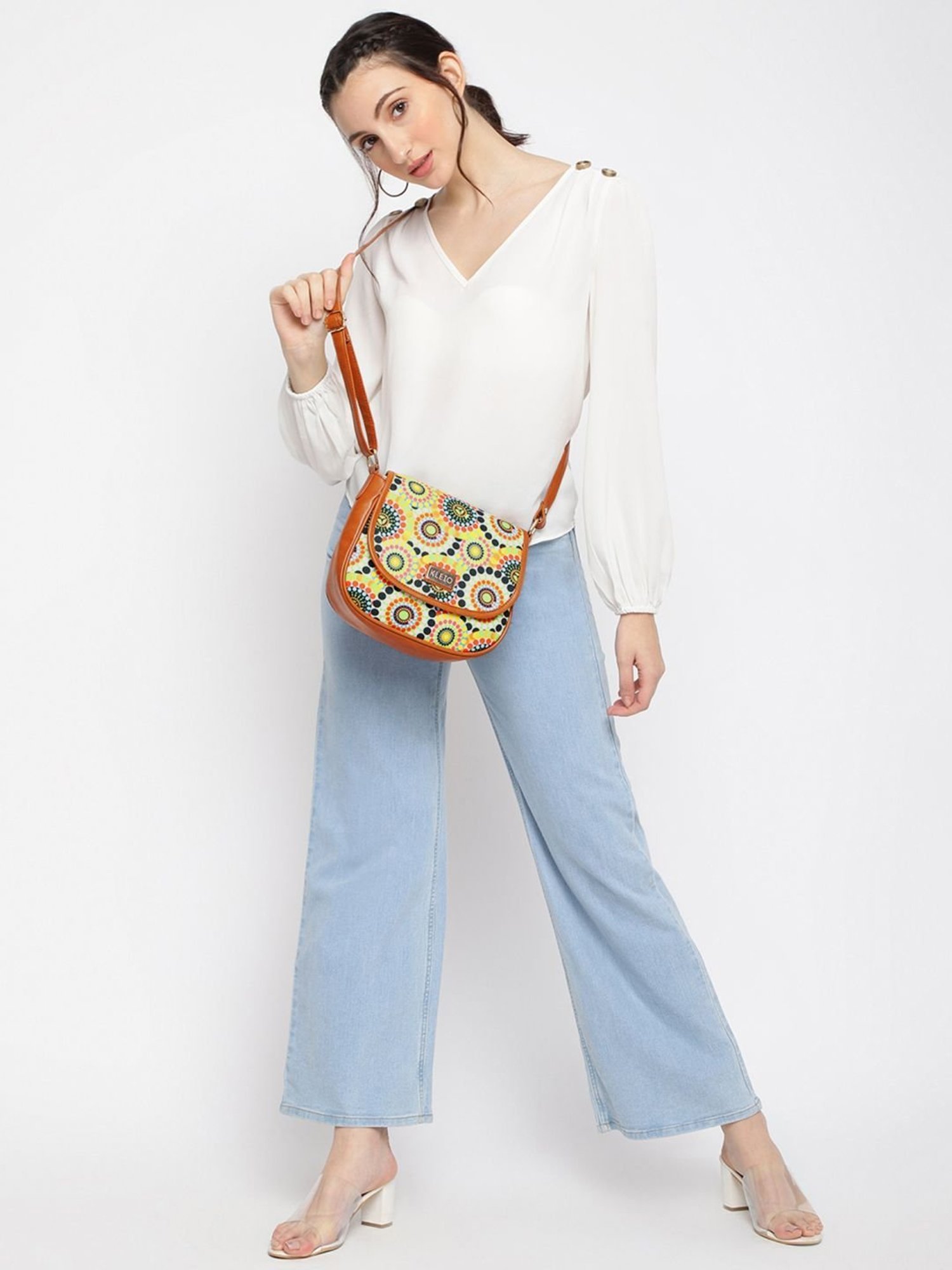 KLEIO Tan Printed Medium Sling Handbag