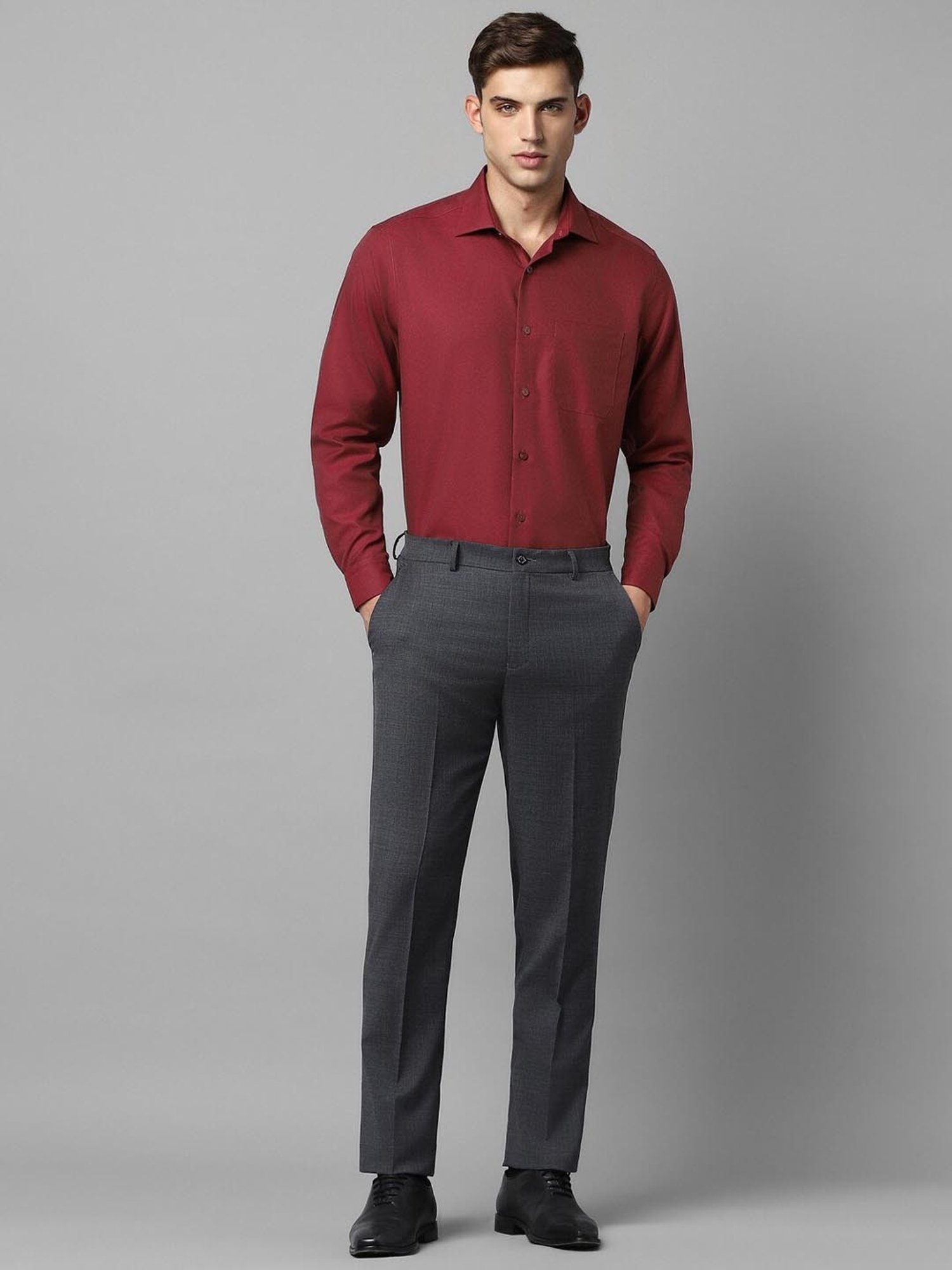 Louis Philippe Permapress Maroon Cotton Regular Fit Shirt