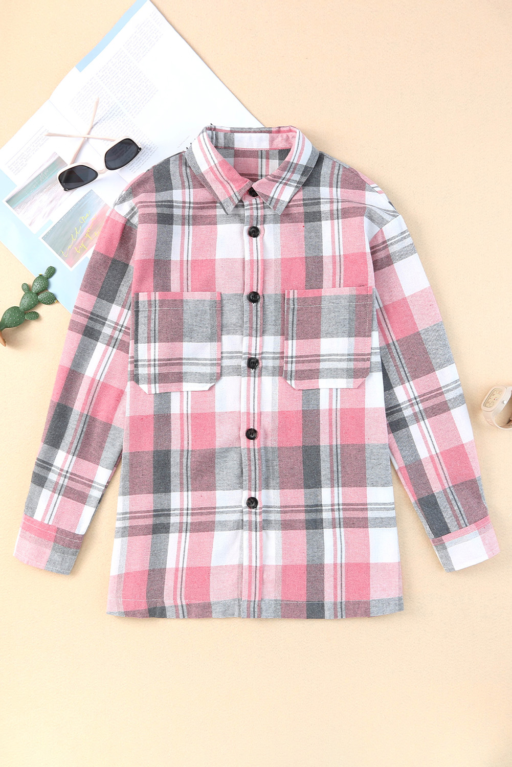 Pink Long Sleeve Collared Button Up Flannel Shacket