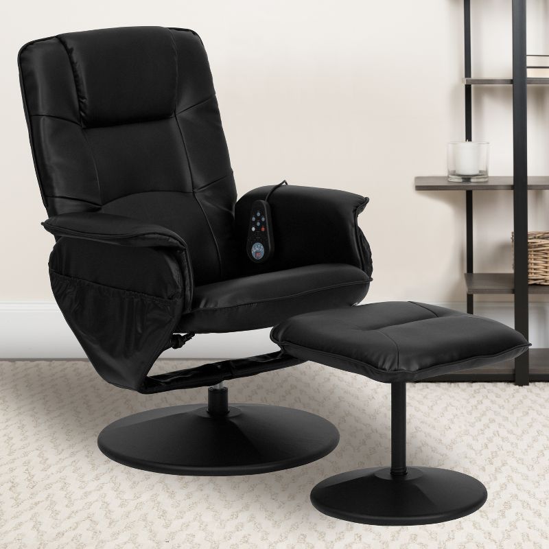 Flash Furniture Massaging Adjustable Recliner with Deep Side Pockets and Ottoman with Wrapped Base in Black LeatherSoft