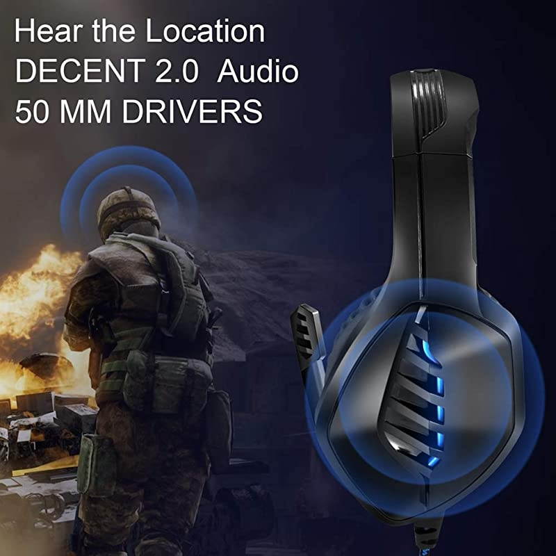 J1 Gaming Headset for PS4PC Xbox One ControllerNoise Cancelling Over Ear Headphones with Mic LED Light Bass Surround Soft Memory Earmuffs for Laptop Mac Nintendo Switch GamesBlue