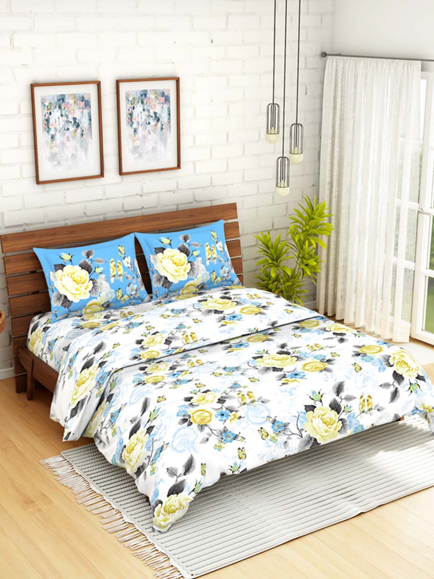 Spaces Celebrations White & Blue Cotton 144 TC Bed Linen Set