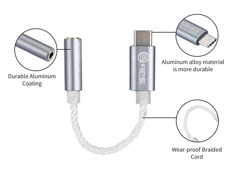 ApeSonic Pebble : USB C (Type C) Audio Adaptor, ALC5686 High Resolution DAC, to 3.5mm AUX, 32bit 384kHz Sample Rate, Class G Amp, Aluminum Casing, 5N Copper Cable, Replace 3.5mm Jack of Smart Phone
