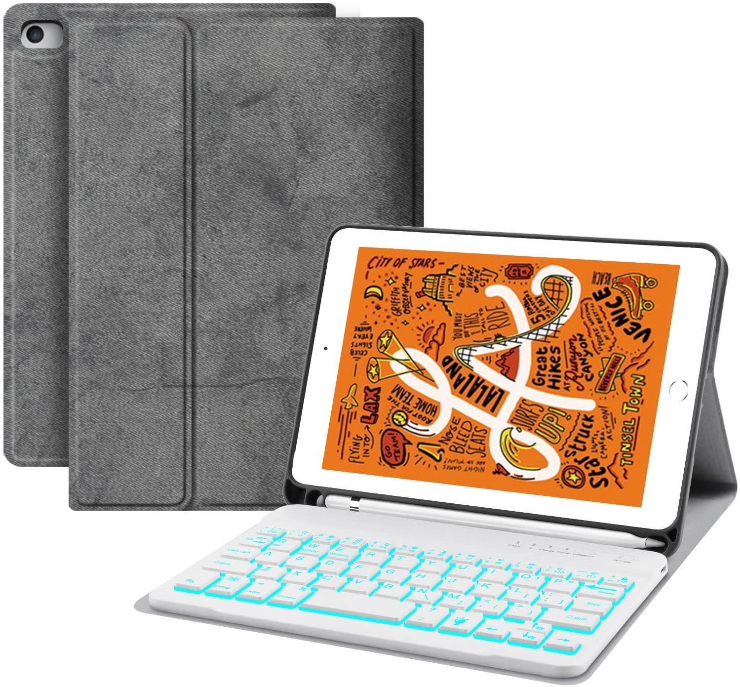 iPad Keyboard Case for iPad 7.9 JUQITECH Smart Case with Backlit Keyboard for iPad Mini 5 5th Gen Mini 4 Detachable Wireless Tablet Rechargeable Back lit Keyboard Cover Case with Pencil Holder Gray