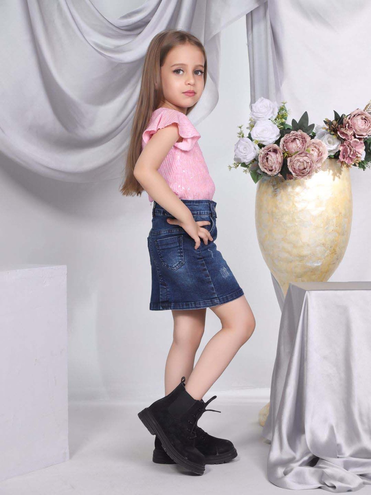 Peppermint Girls Navy Blue Cotton Distressed Skirt