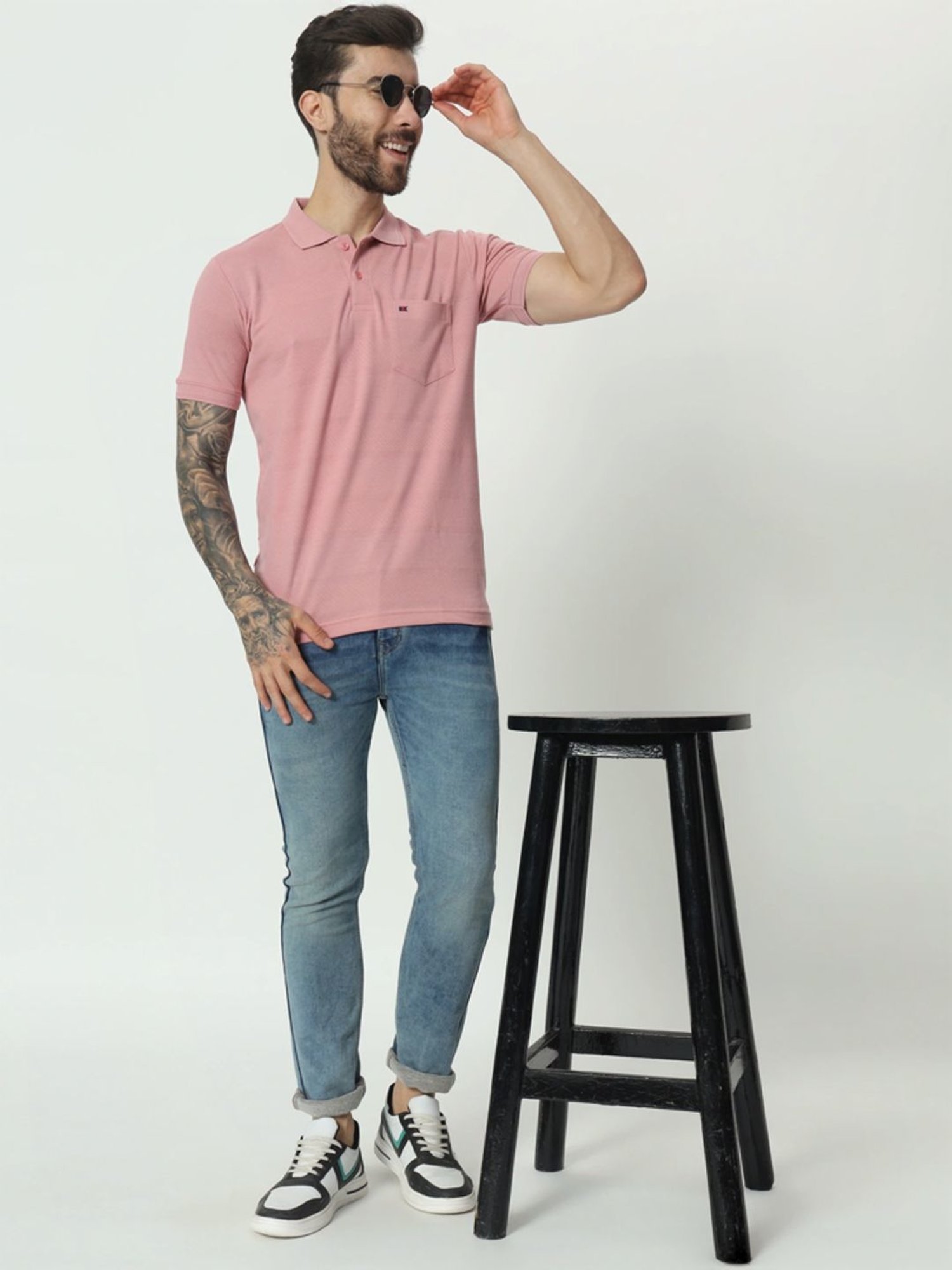 Tab91 Pink Regular Fit Self Pattern Polo T-Shirts