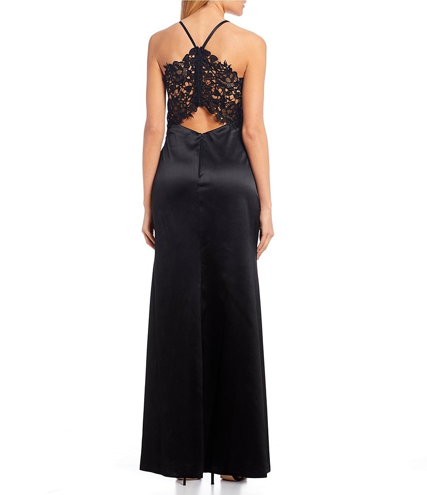 Sequin Hearts Spaghetti Strap Crochet-Bra-Back Side Slit Satin Long Dress
