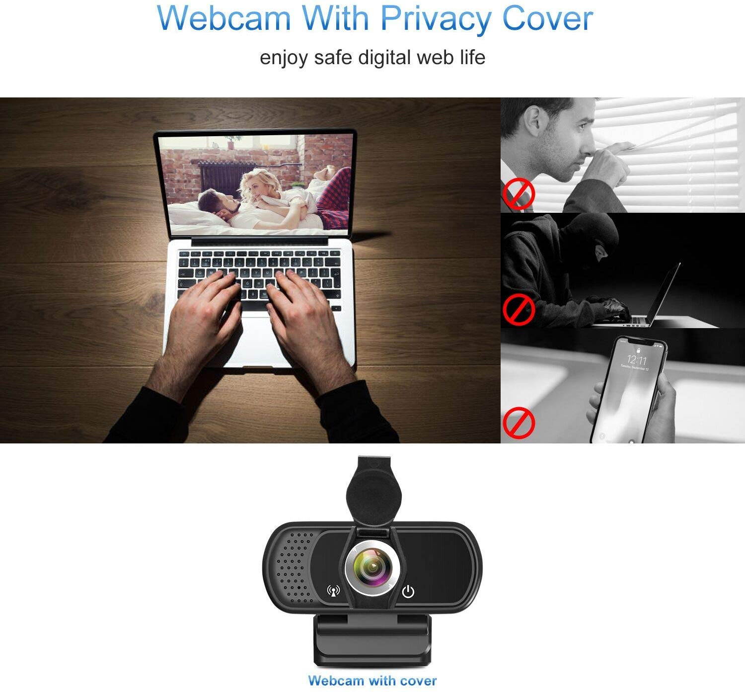 Webcam with Microphone, 1080P HD Webcam with Privacy Cover and Tripod, Streaming Computer Web Camera with 110-Degree Wide View Angle, USB PC Webcam for Video Calling Recording Conferencing