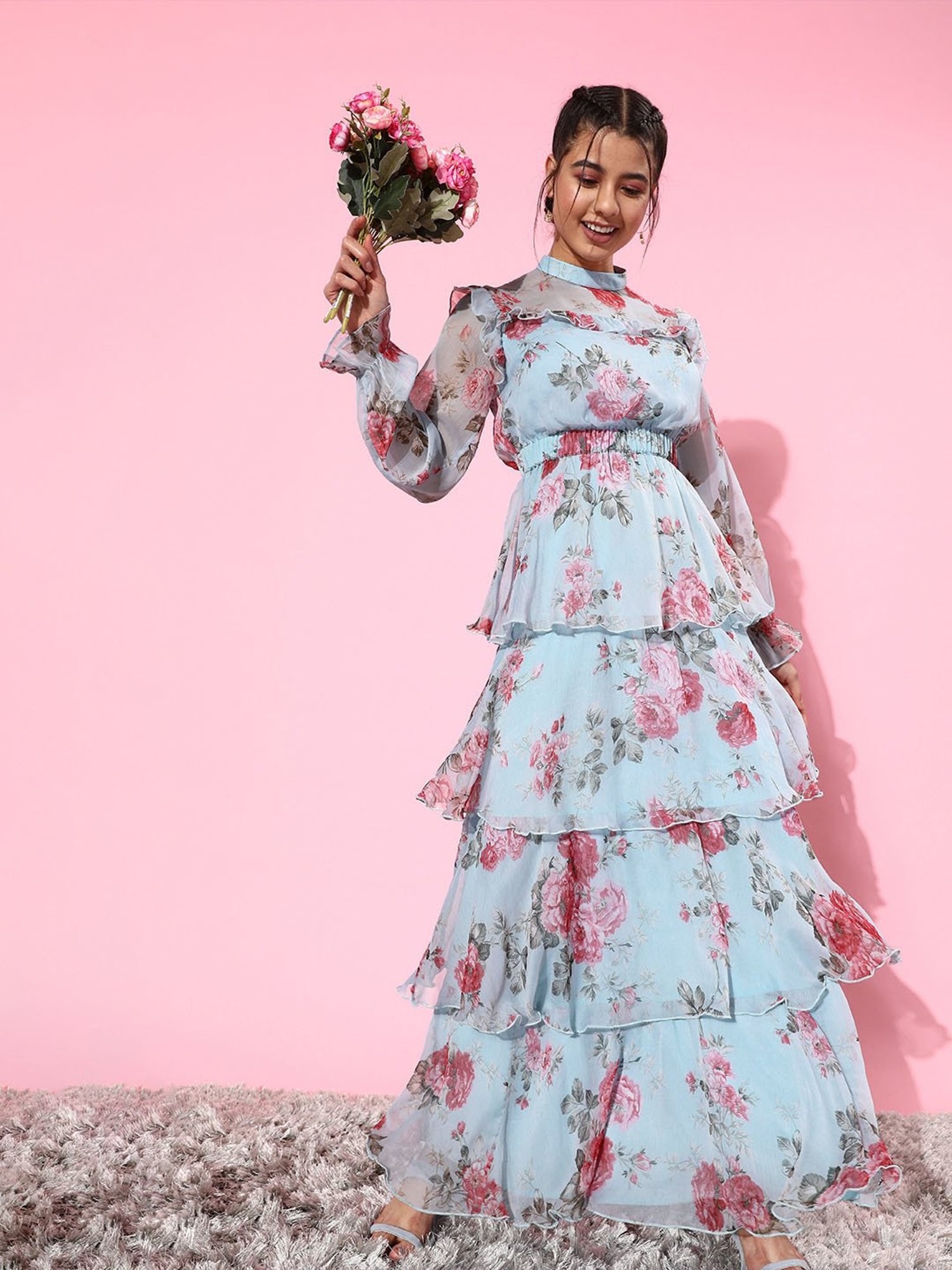 QUIERO Sky Blue Floral Print Fit & Flare Dress