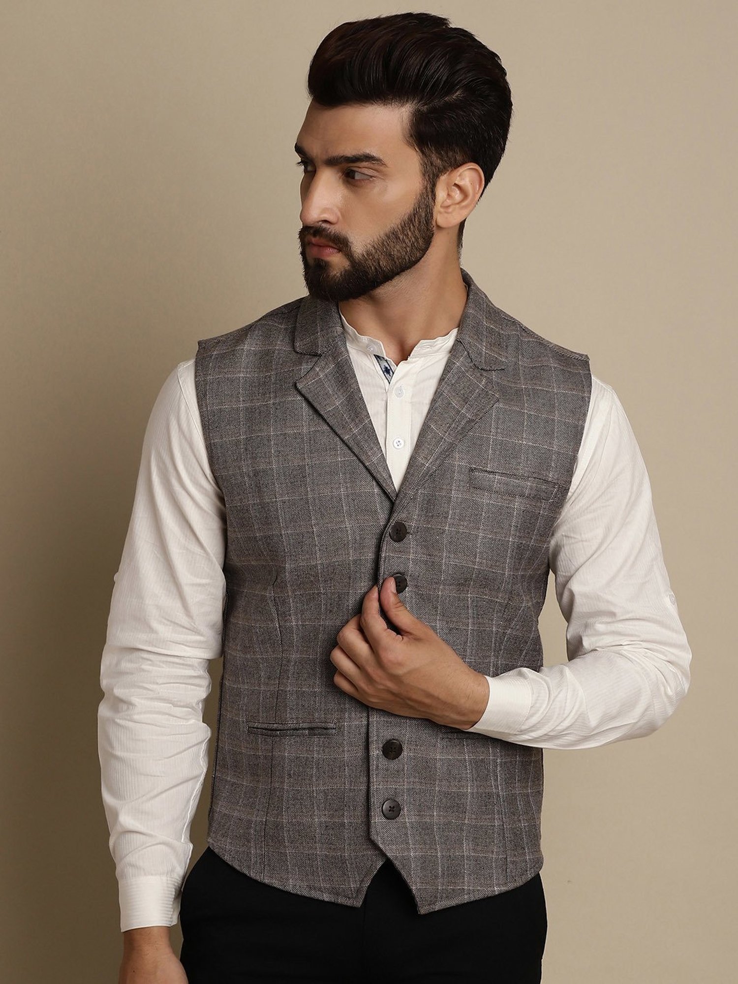 Even Brown Regular Fit Notch Lapel Check Waistcoat