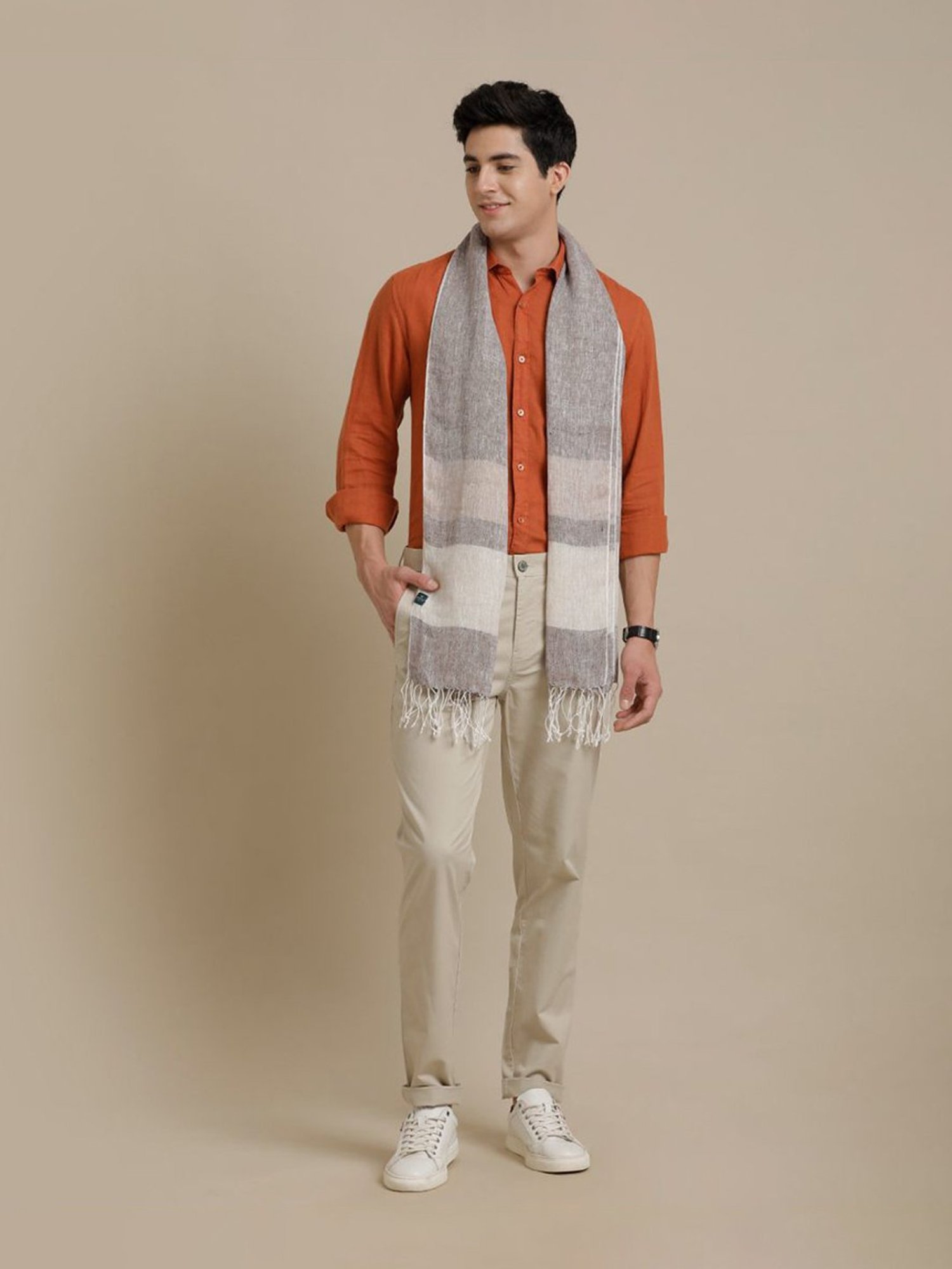 Linen Club Beige Striped Pure Linen Stole