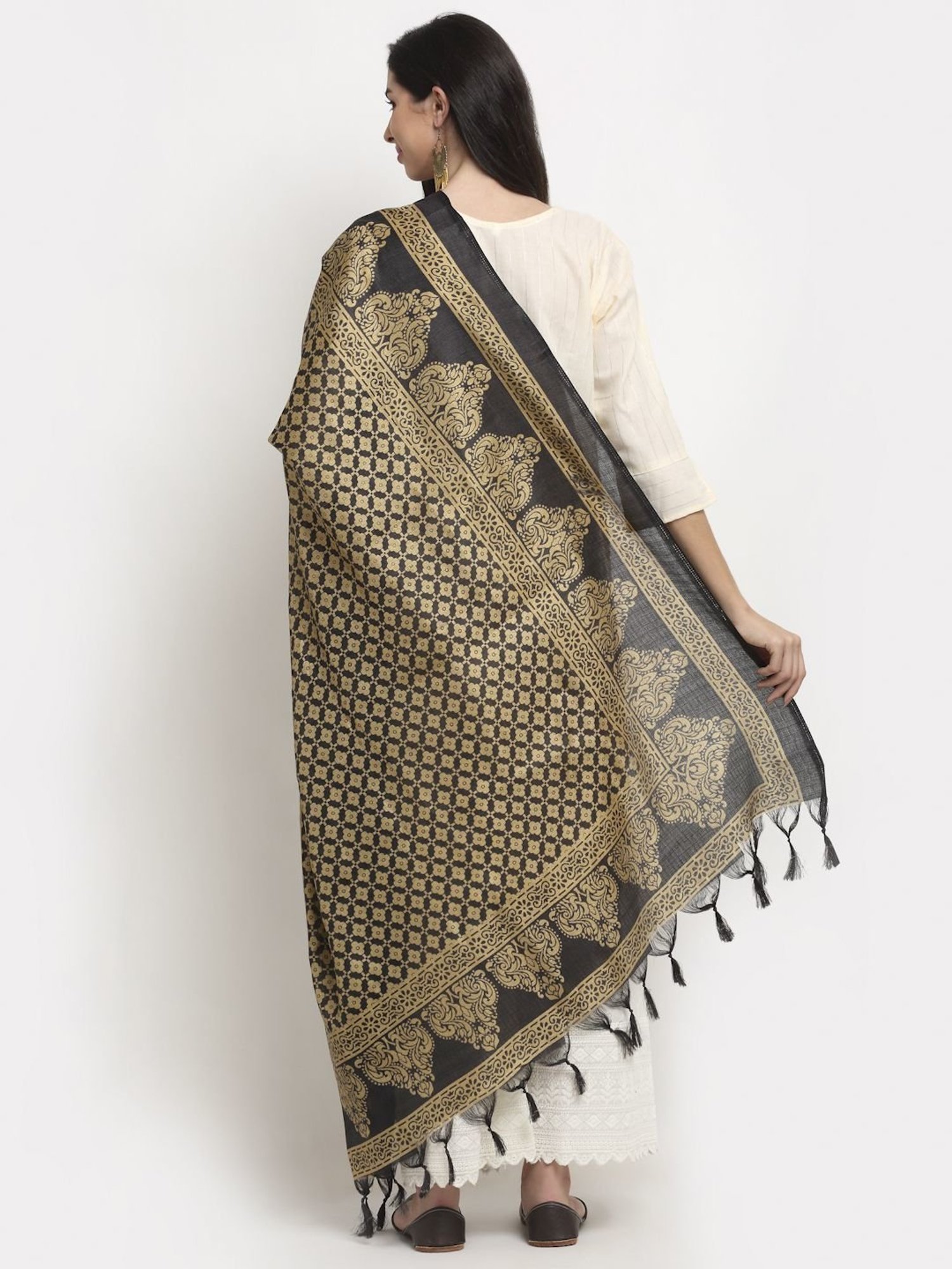 TAG 7 Beige & Black Printed Dupatta