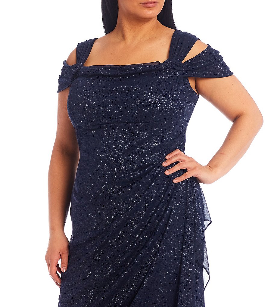 Alex Evenings Plus Cold Shoulder Cowl Neck Cap Sleeve Glitter Mesh Gown