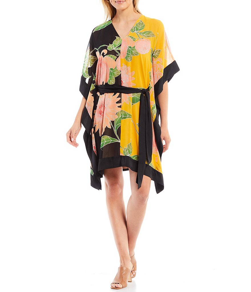 Trina Turk Love Floating Chrysanthemum Floral Border Print V-Neck Short Sleeve Tie Waist Caftan